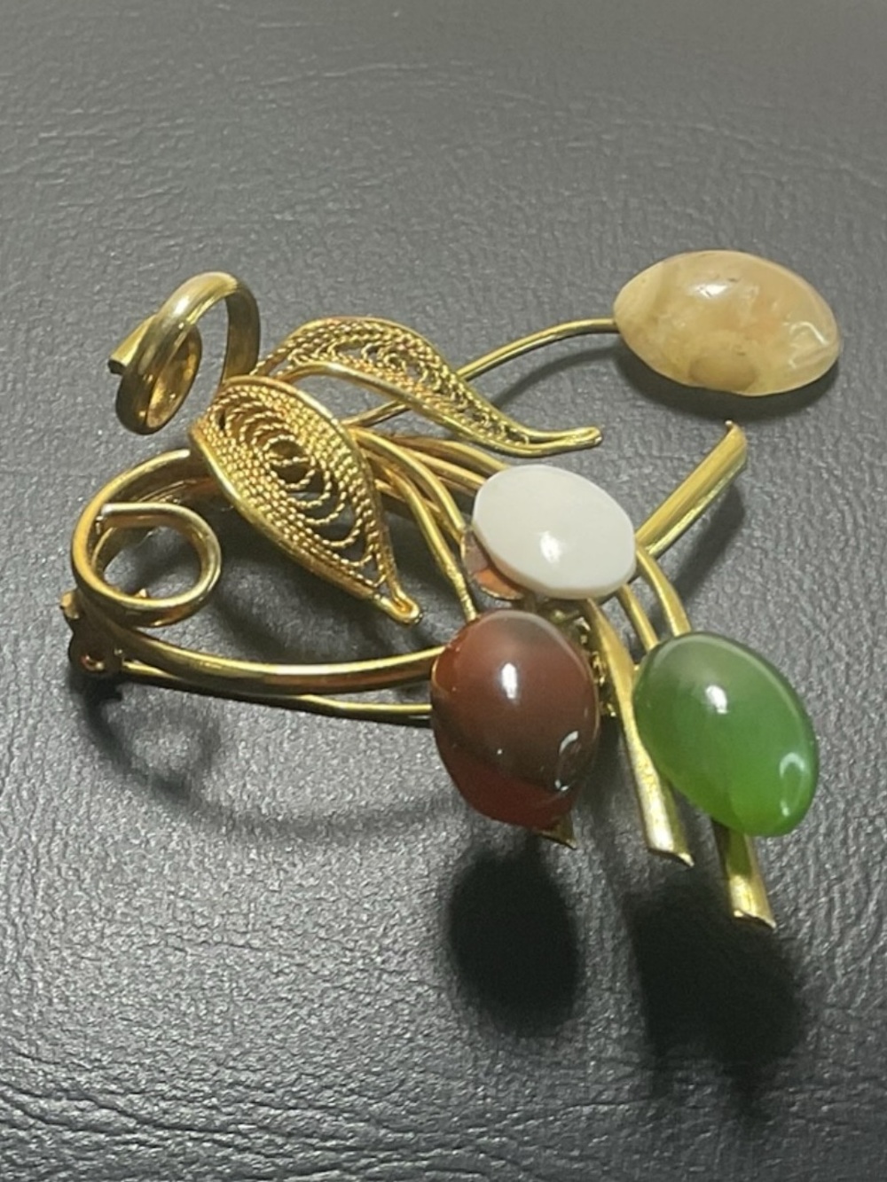 Vintage Gold Tone Filigree Floral Spray Brooch Multicolor Cabochon Stone Pin